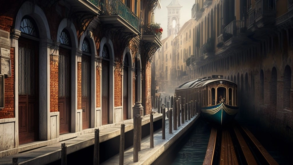 Immagine di fantasia di una ipotetica rotaia con treno a Venezia, immagine che gioca con la metafora del programmare con Ruby On Rails