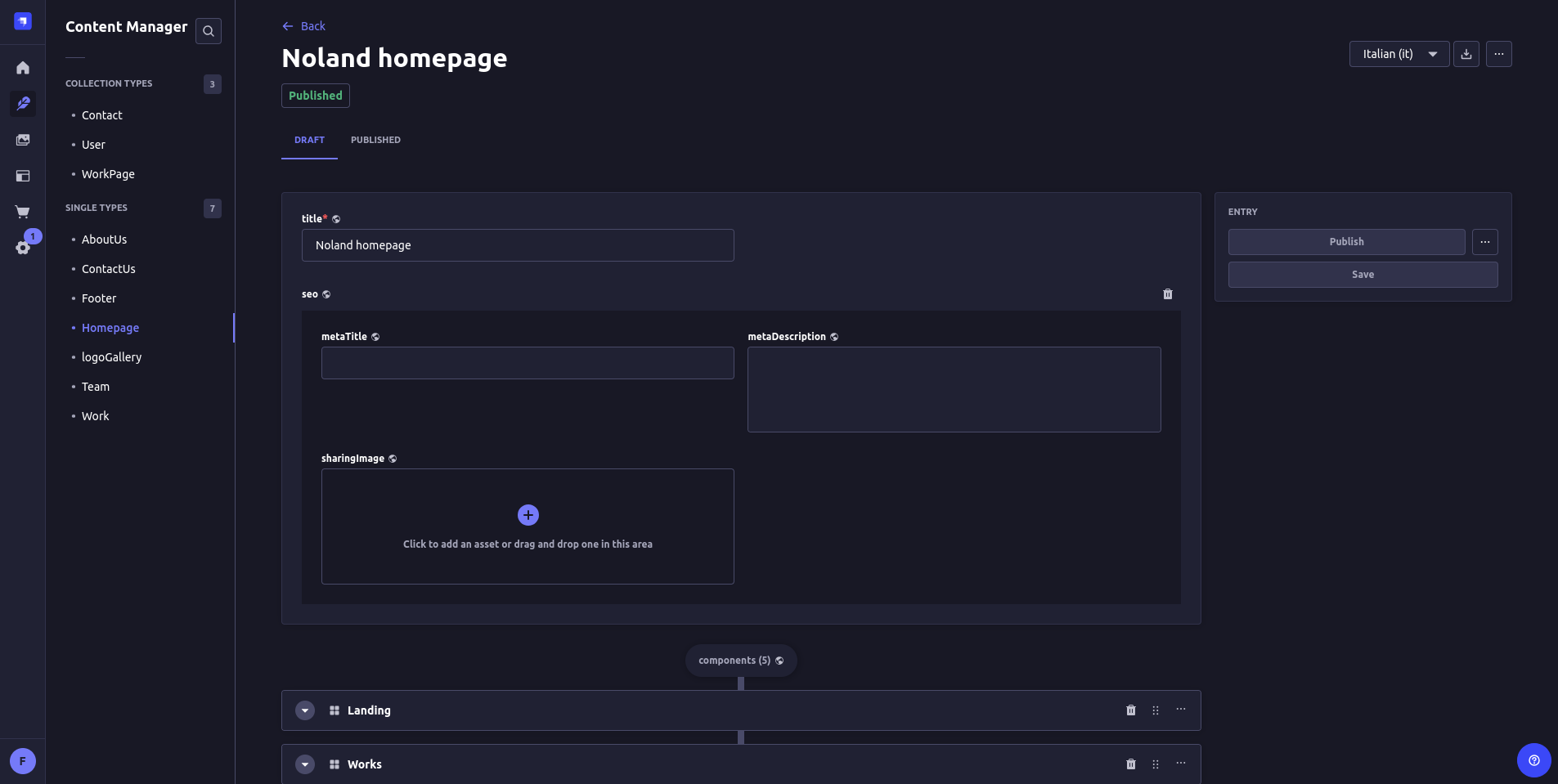 Pannello di inserimento dei contenuti