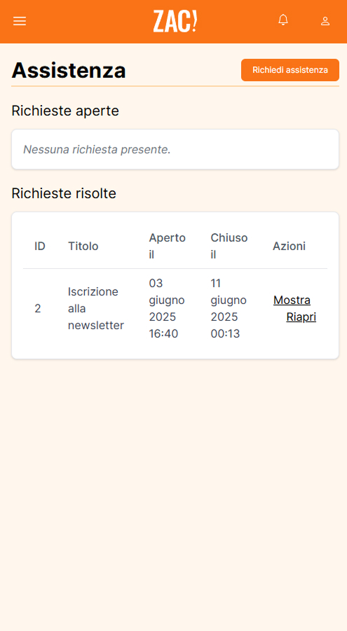 La schermata della sezione Assistenza di ZAC! da parte dell'utente