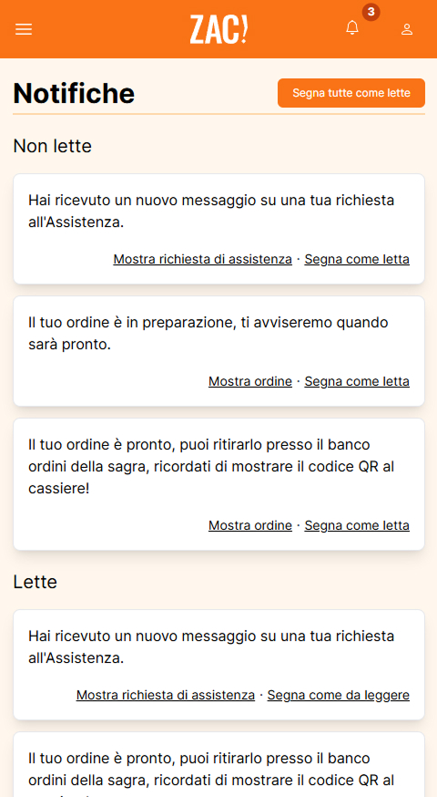 La pagina di ZAC!, con le notifiche lette e non lette