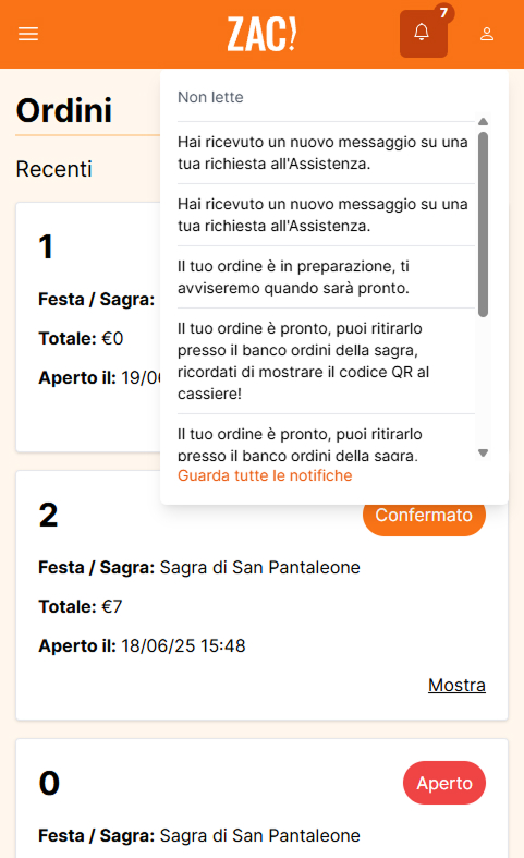 Una schermata del pannello notifiche di ZAC!, con le notifiche in tempo reale