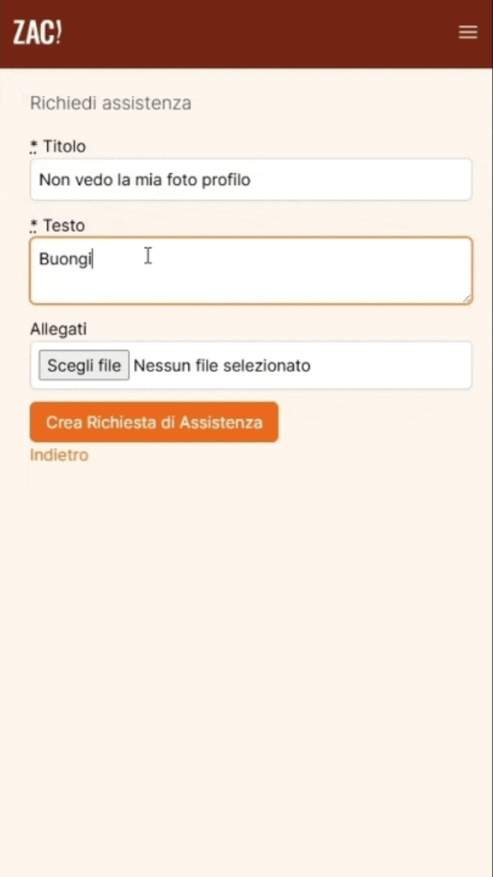 Una schermata della sezione Assistenza di ZAC!, con ticket e messaggi in tempo reale