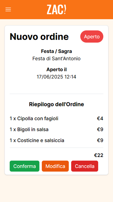 Un esempio di ordine dalla piattaforma
